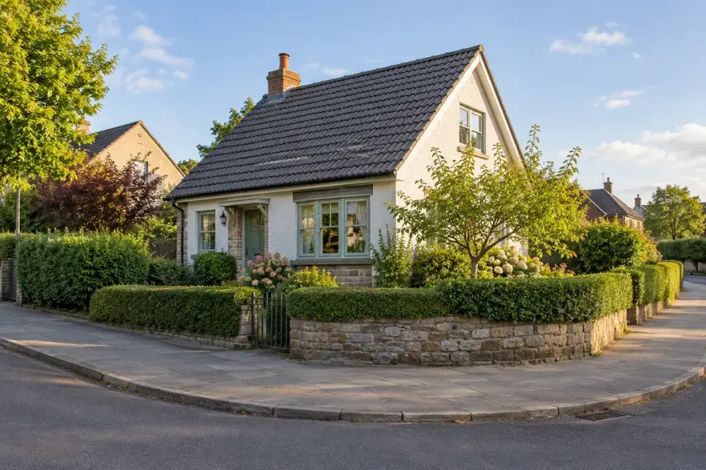A house and garden at the corner of two residential streets.