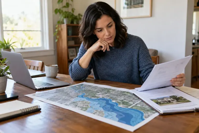 A prospective buyer comparing a property document with a map.