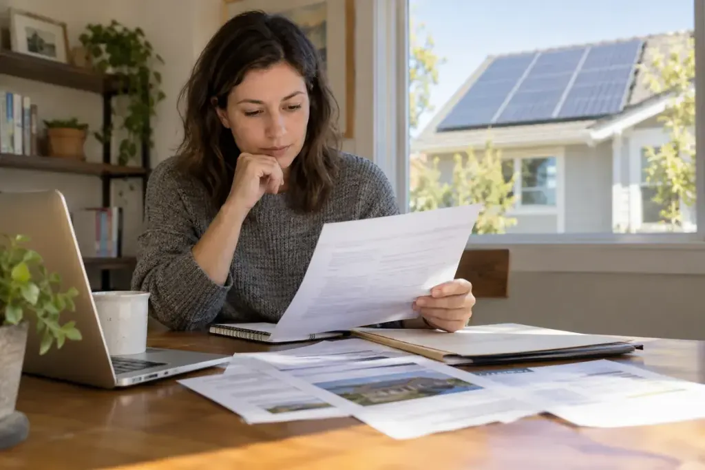 A homebuyer reviewing solar-panel documents at a table with a house roof visible outside.
