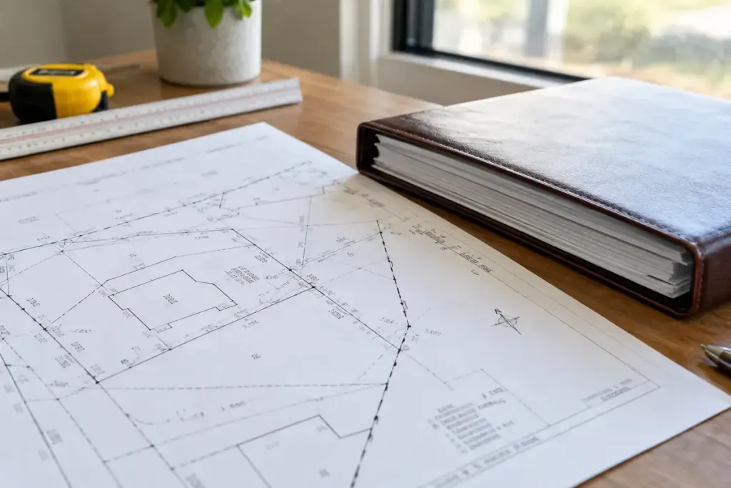 A survey plan beside a closed property document folder on a desk.