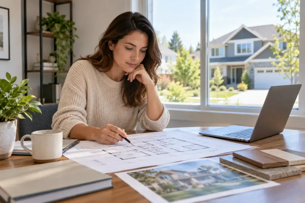 A prospective homebuyer reviewing a property plan at a desk with a suburban house visible through a window.