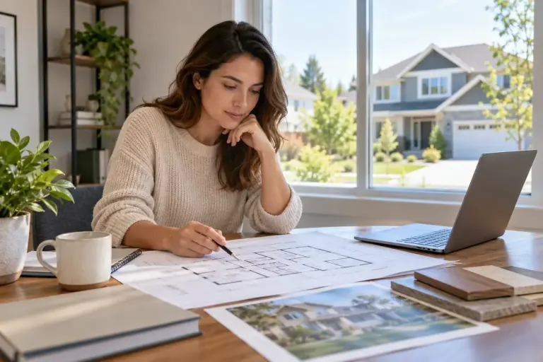 A prospective homebuyer reviewing a property plan at a desk with a suburban house visible through a window.