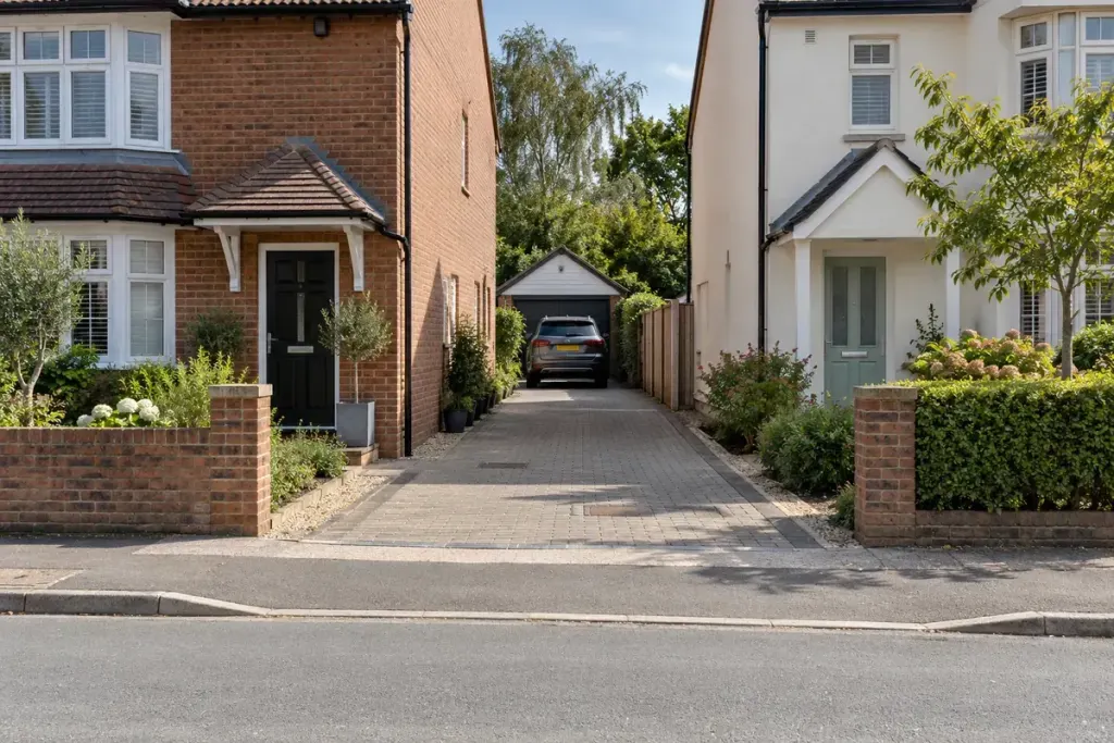 Two neighbouring homes sharing a narrow paved driveway, viewed from a public street, ordinary suburban setting.