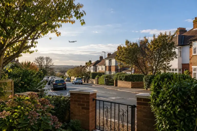 A modest residential street seen from a garden gate with a distant passenger aircraft small in the sky.