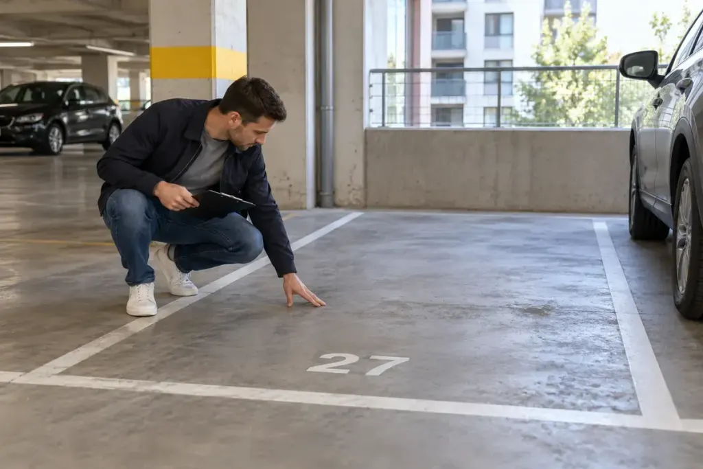 A person inspecting a marked parking bay in a clean residential garage.
