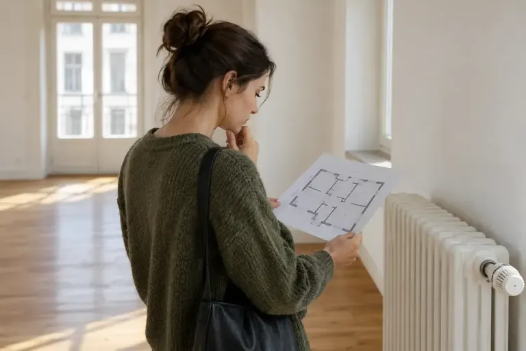 A prospective tenant looking at an unlabelled floor plan beside a radiator in an empty apartment.