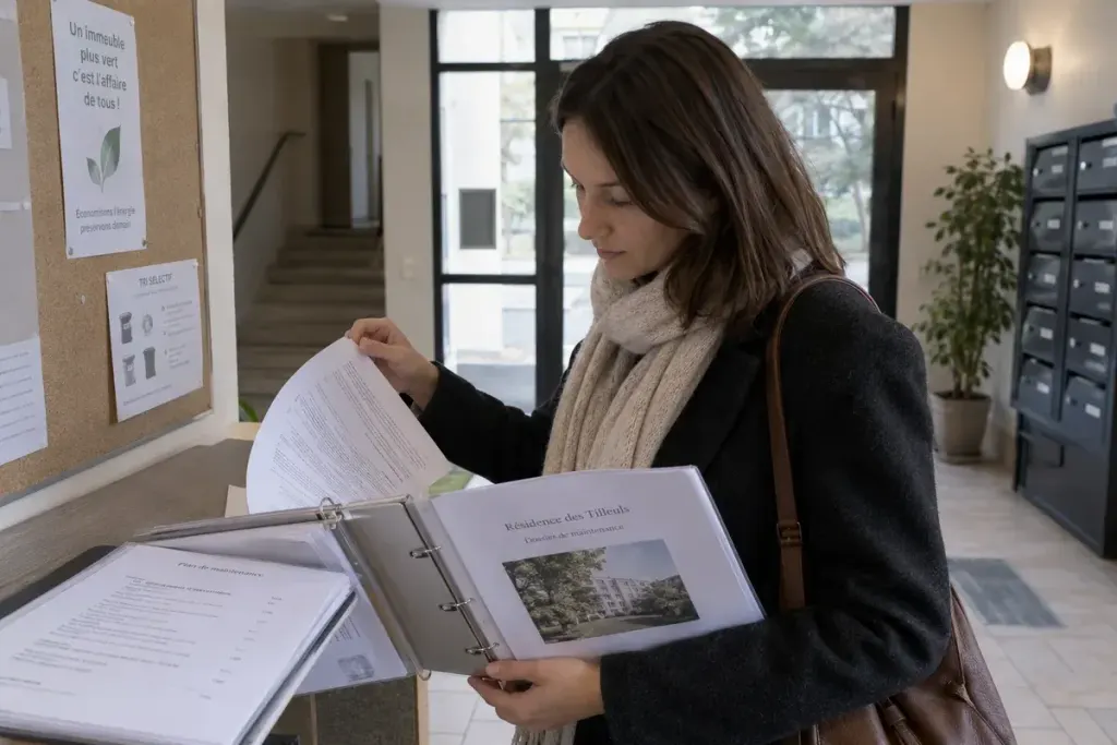Prospective apartment buyer reading a building maintenance folder in a shared apartment lobby, realistic ordinary building.