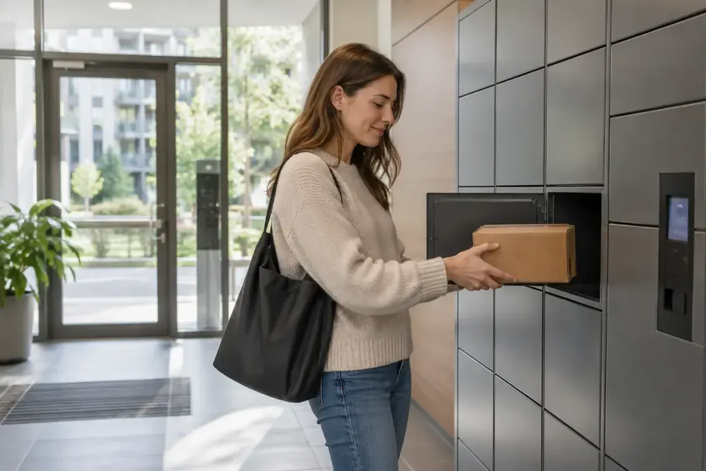 An adult resident collecting a small cardboard parcel from an apartment lobby parcel locker, bright natural light.