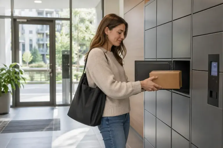 An adult resident collecting a small cardboard parcel from an apartment lobby parcel locker, bright natural light.