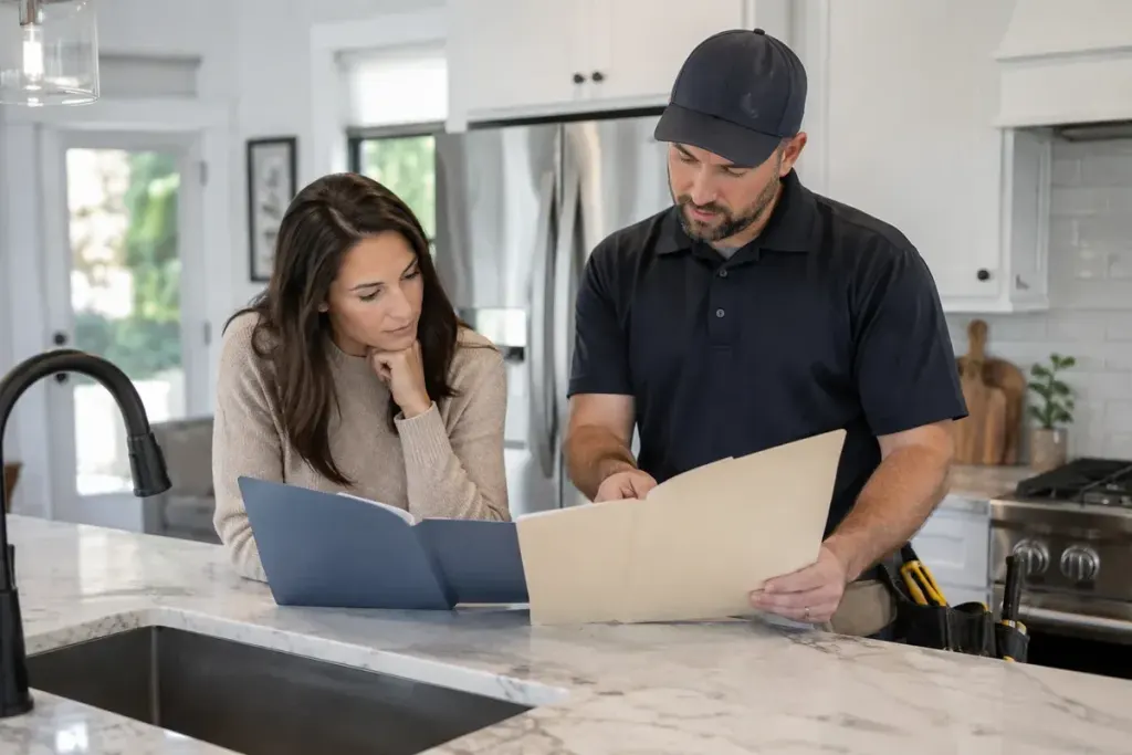 Homebuyer reviewing two separate folders with a building inspector at a kitchen island, no visible document text.