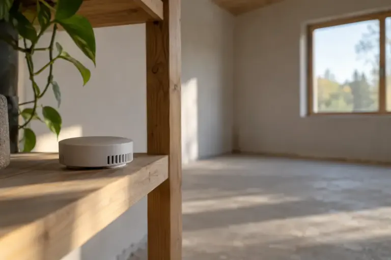 A small unbranded radon test device on a shelf in an unfurnished room.
