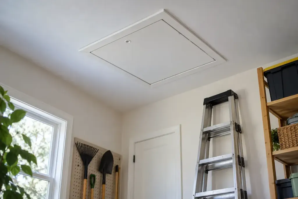 Attic access hatch viewed from safe floor below with closed ladder nearby.