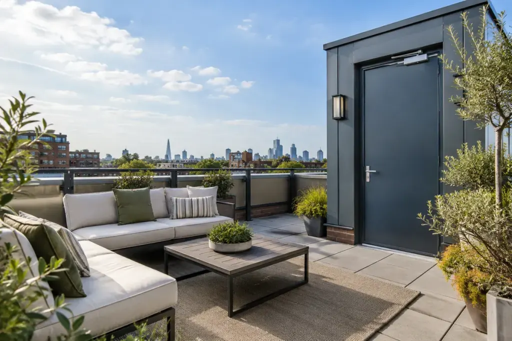An empty shared apartment roof terrace with seating and a closed access door.