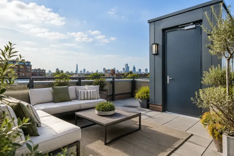 An empty shared apartment roof terrace with seating and a closed access door.