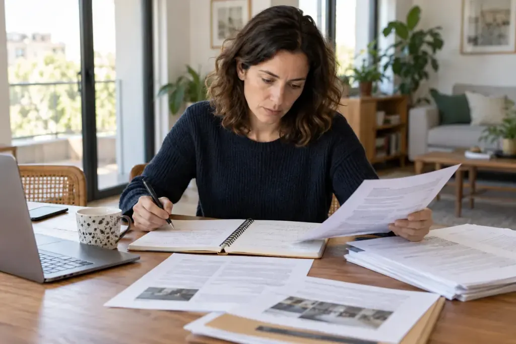 Home buyer comparing building committee papers with a notebook at a table.