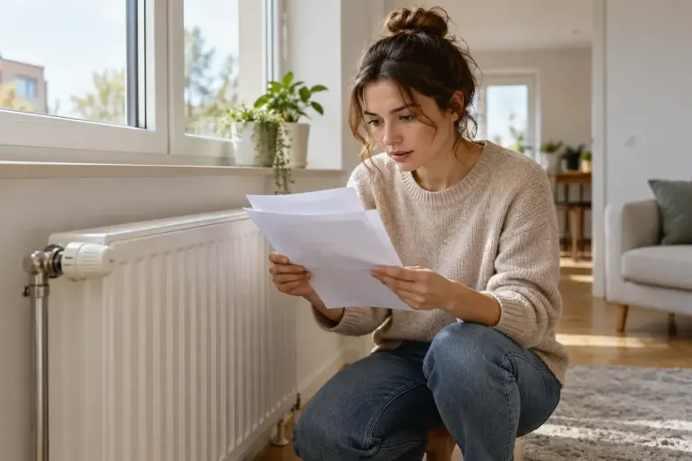 A prospective apartment buyer reviewing generic heating documents beside a radiator in a bright flat.
