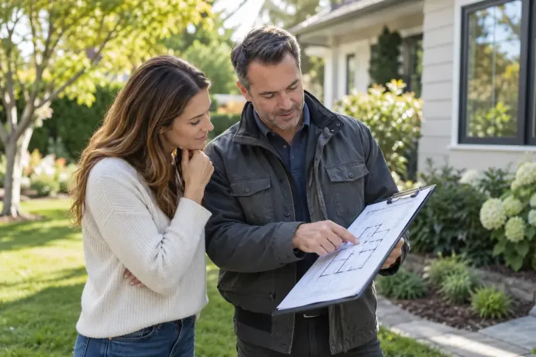 A homebuyer and property inspector examining a house plan on a clipboard beside a garden lawn.