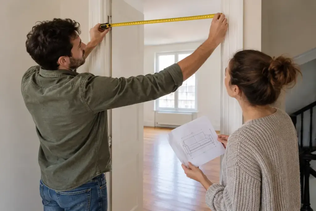 Two adults measuring the doorway of an empty apartment with a folded furniture sketch.