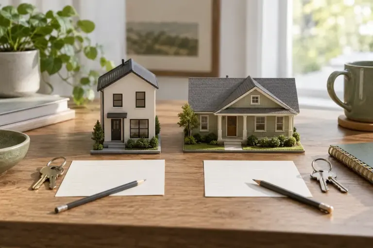 Two model homes beside blank comparison cards and keys.