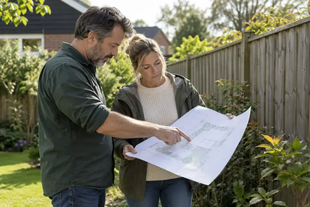 Two neighbours studying a property plan near a garden fence without visible address details.