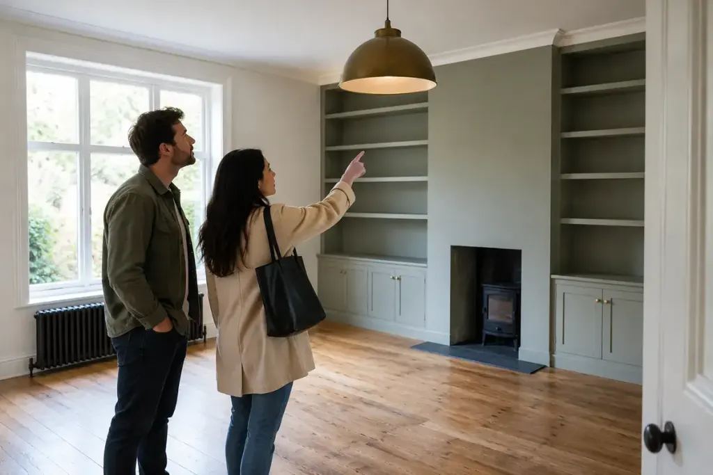 Pendant lamp and fitted shelving in an empty home viewed by prospective buyer.