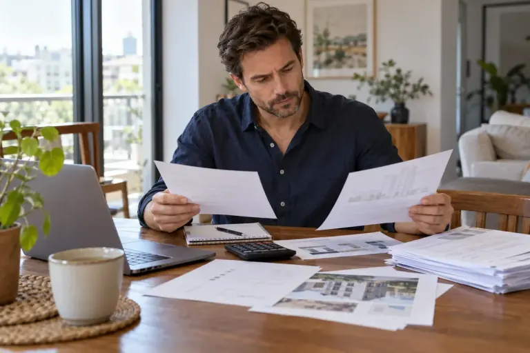 An adult comparing condominium maintenance documents at a dining table.