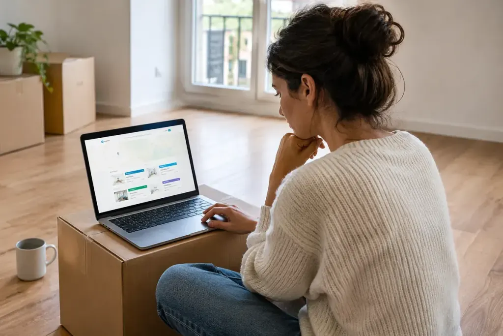 Homebuyer checking an address-specific broadband result on a laptop in an unfurnished apartment.