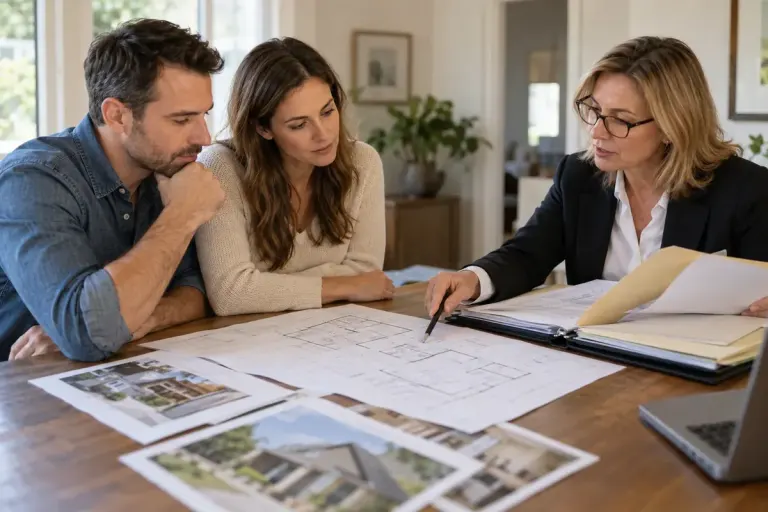 Homebuyer reviewing renovation drawings and a house folder with an adviser.