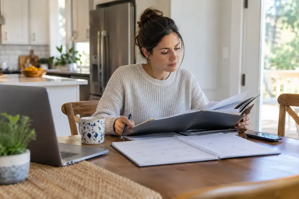 A homebuyer reviewing an inspection folder and calendar at a kitchen table.