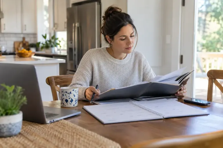 A homebuyer reviewing an inspection folder and calendar at a kitchen table.