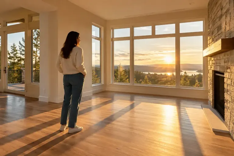 A homebuyer observing late-afternoon sunlight across an empty living room with large windows.