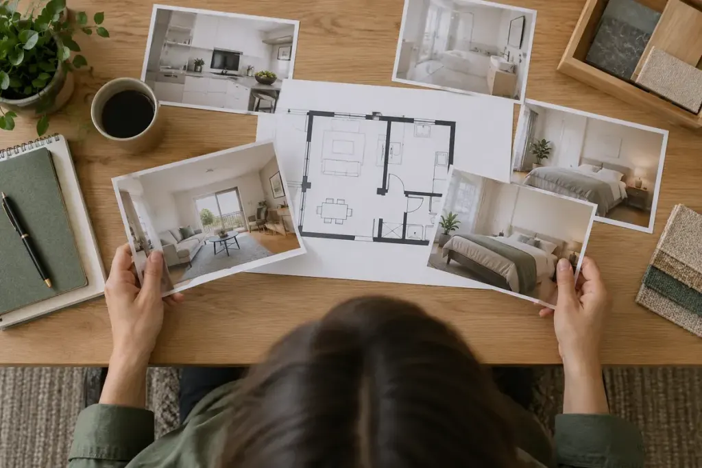 A person comparing printed interior property photographs with a simple apartment floor plan on a large desk, top-down view.