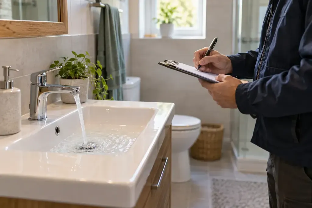 A clean domestic bathroom with a running tap and a visitor taking notes.