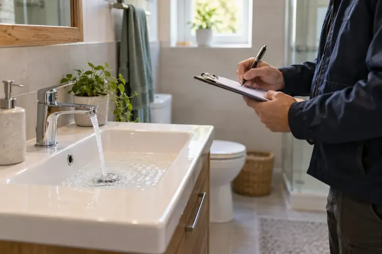 A clean domestic bathroom with a running tap and a visitor taking notes.