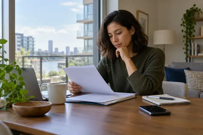 A buyer reviewing a property lease document beside an apartment window, no legible personal details.