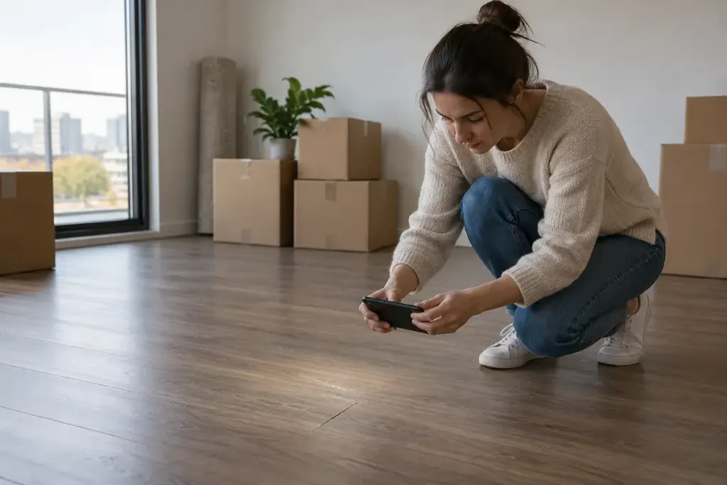 Tenant photographing a small existing scratch on an empty apartment floor, moving boxes still sealed in background.