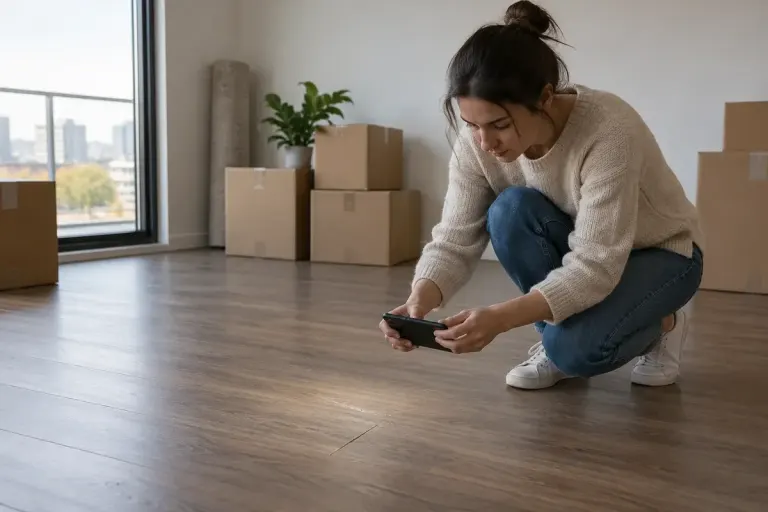 Tenant photographing a small existing scratch on an empty apartment floor, moving boxes still sealed in background.
