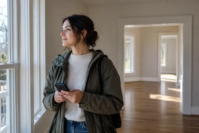 A person holding a smartphone near a window inside an unfurnished home.