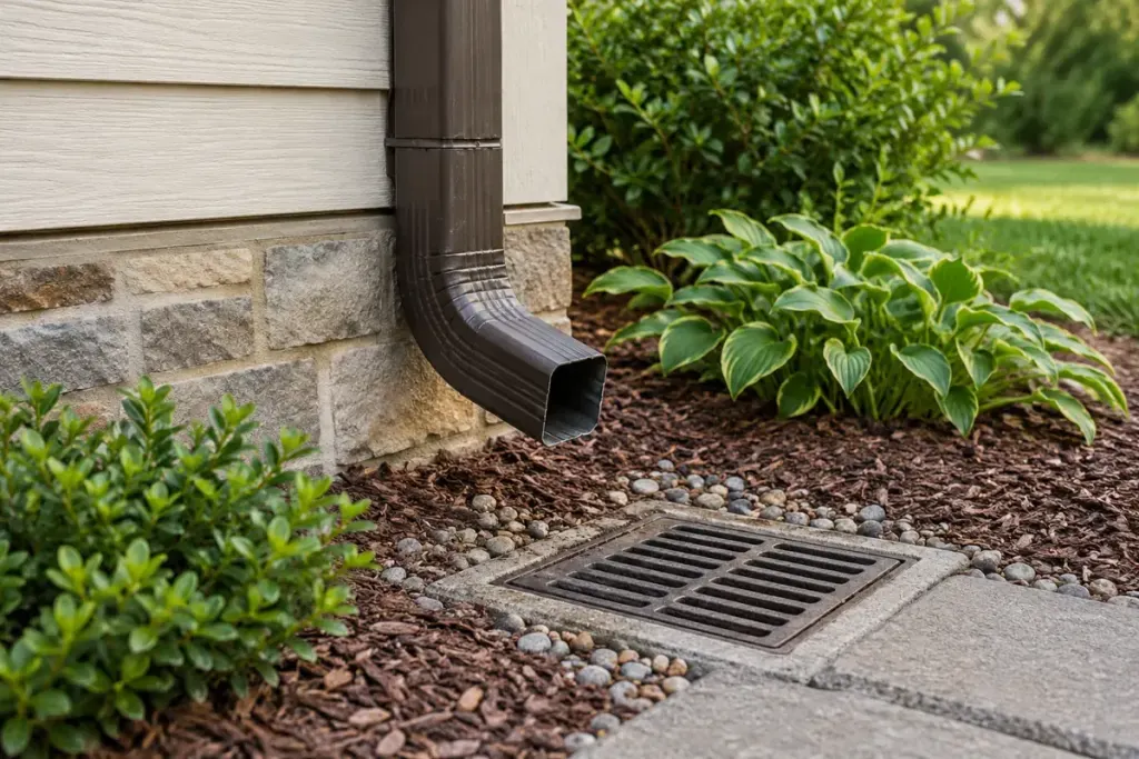 A house rainwater downpipe ending beside a visible outdoor drain on a dry day, no people.