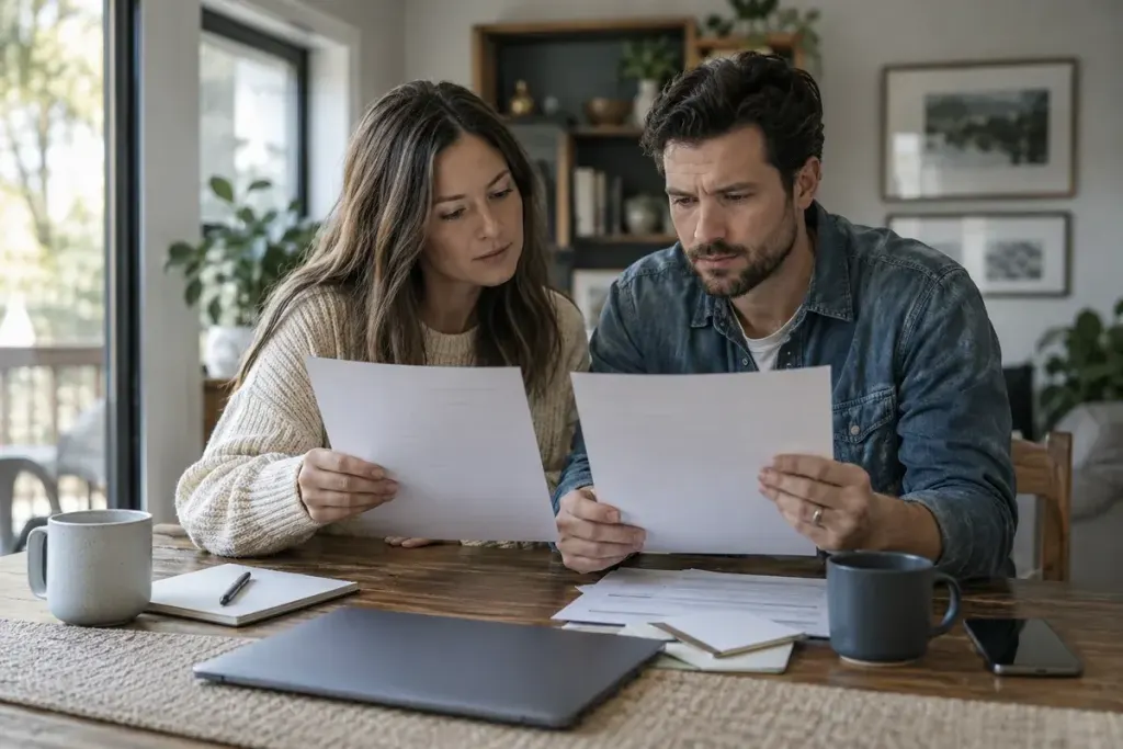A couple comparing two unlabeled mortgage paperwork sheets at a dining table, no legible text.