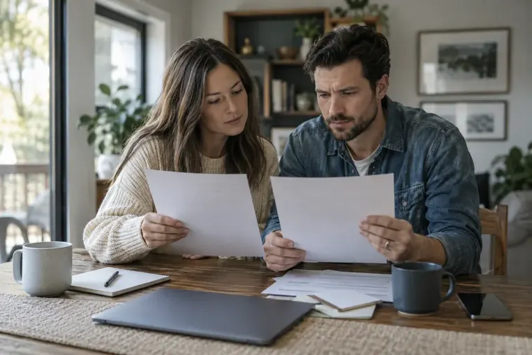 A couple comparing two unlabeled mortgage paperwork sheets at a dining table, no legible text.