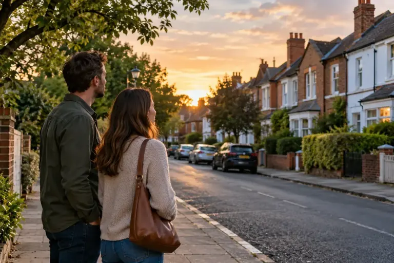 Two adults observing an ordinary residential street from a public pavement at early evening.