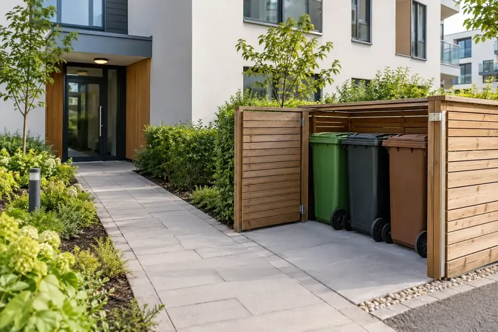 A paved path connects an apartment entrance with a timber enclosure containing lidded bins.