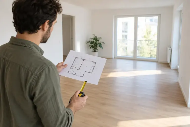 An adult comparing a floor plan with measurements in a bright empty apartment.