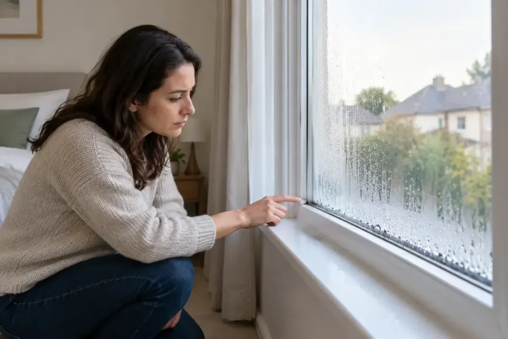 A home viewer examining condensation along the inside edge of a bedroom window.
